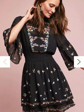 Maeve from Anthropologie, Anfisa Black embroidered Flowers Flutter Sleeves boho